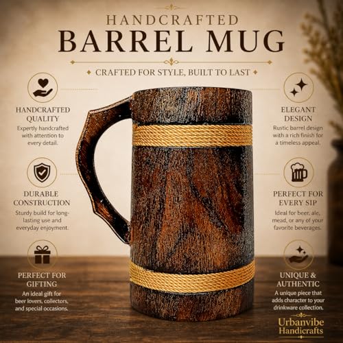 Image of Handmade Wooden Beer Mug, Wood with Sheesham Finish, Barrel Style, Lightweight & Durable, for Craft Beer, Home Bar, Cafe, Party, Gift(350ml) (Plane)