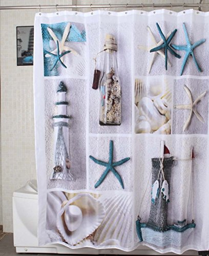 Jibin Bong Cloth Fabric Nautical Shower Curtain Blue and White Coastal Shower Curtains, Sea World Seashell Starfish Beach Theme Ocean Shower Curtains for Bathroom, Weighted Waterproof, 72x72inch