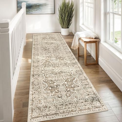 KUTA Washable Kitchen Runner 3x8, Non Skid Washable 8 ft Beige Brown Runners, Printed Vintage Distressed Floral Area Rugs Ultra Soft Carpet for Bedroom Living Room