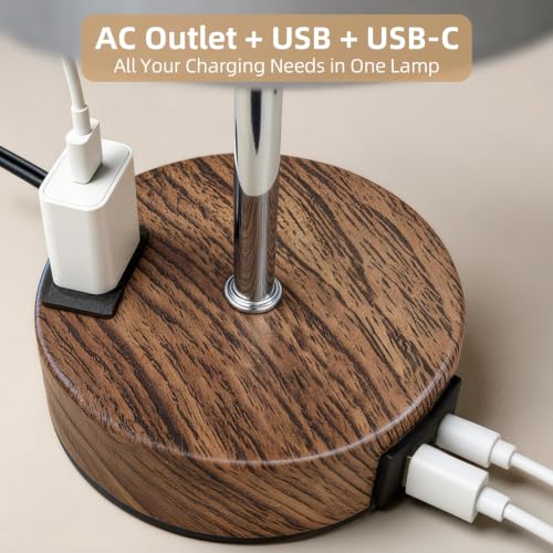 Image of Table Lamp, Dimmable Touch, AC Outlet, USB A+C (Grey&Walnut)