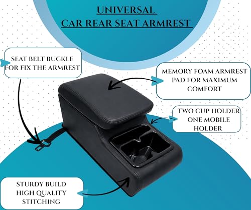 Image of PABLA Universal Premium Car Rear Seat Armrest with Memory Foam Cushion And Storage Box,Dual Cup Holders,Dual-Mount Fit Full Black Color