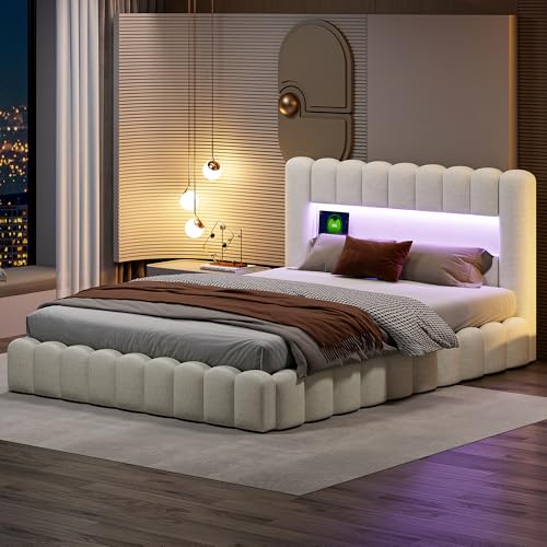 Burbuja - Cama doble acolchada (140 x 200 cm, con función de carga USB e iluminación LED, cama para adolescentes, con espacio hidráulico de almacenamiento (sin colchón) (beige, 140 x 200 cm)