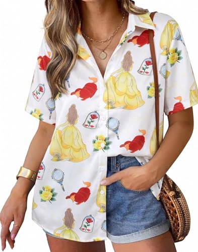 Image of ASTANFY Hawaiian Shirt Women Hawaii T-Shirt Tropical Floral Printed V Neck Shirts Soft Cool Summer Beach Button Up Blouse
