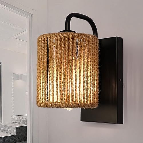 Wvsrbyr Rattan Wall Sconces, Boho Wall Lamp Bedside Lamps with Hemp Rope Rustic Wall Lights for Bedroom Bathroom Hallway Entryway Sconces Wall Lighting Bohemian