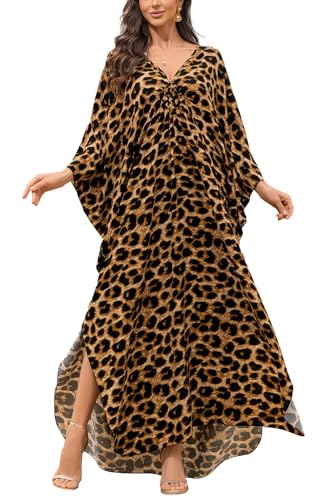 LikeJump Damska suknia nocna maxi kaftan szlafrok plażowy okrycie kimono ubiór plus size, C Leopardo, Rozmiar uniwersalny