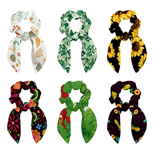 Chouchous pour cheveux lot de 6 avec nœud oreilles de lapin motif fleur pour queue de cheval