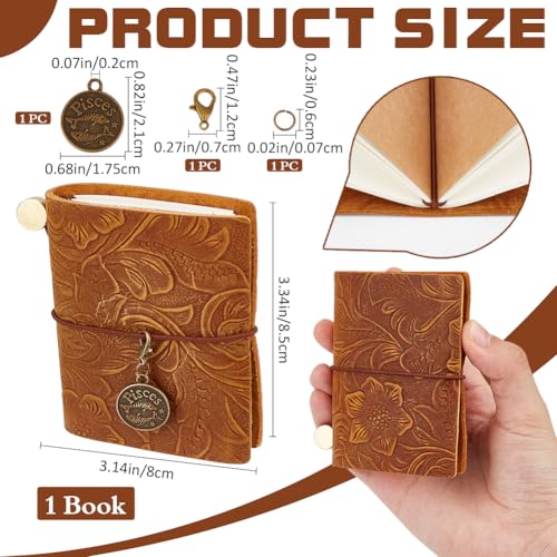 CRASPIRE Leather Journal Notebook Small Carving Floral Travel Vintage Daily 3.3x3.1in Blank Paper Refillable 128 Pages Bound Portable Notepad for Man Women Antique Gifts Artist Traveler Writing Brown - Image 2