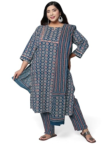 Image of MIRCHI FASHION Plus Size Pure Cotton Kurta Set for Women | 3 Piece Printed Straight Fit 4XL 5XL Kurta Pant Set with Dupatta | Ethnic Work Wear Set | 3XL 4XL 5XL Salwar Suit