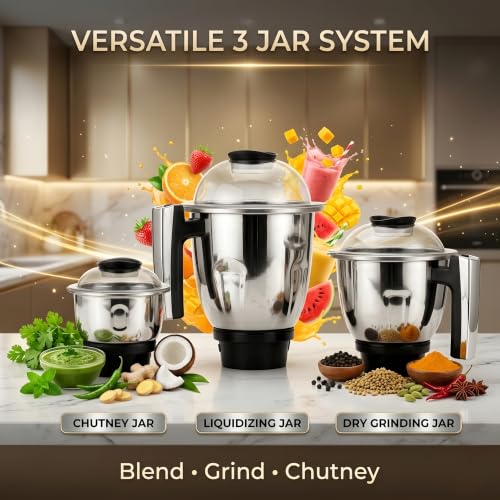 Image of Indicon Turbo 1300W Copper Motor Mixer Grinder with 3 Stainless Steel Jar 3-Speed Control, Heavy Duty for Grinding, Blending & Juicing, (Rose Gold) (Rose Gold)