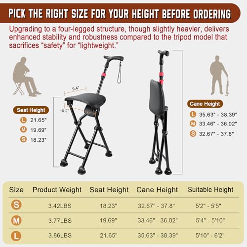 Image of Four-Legged Cane with Seat, Unisex Cane with Seat Folding Lightweight, Adjustable Anti-Slip Cane Chair, Walking Cane with Seat Suitable for Men, Women, Adults and Seniors