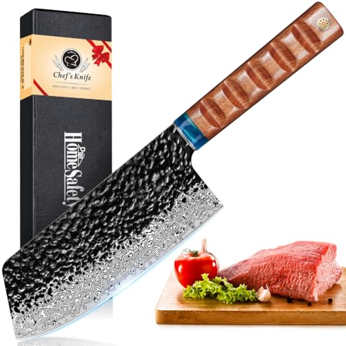 HomeSafety 包丁 肉切り包丁 ダマスカス 中華包丁 刃渡り166mm.プロ用中華シェフナイフ,キッチン用万能.手打ち鍛造三徳, 槌目のダマスカス模様 牛刀, 左利き用 両刃包丁. 錆びにくい67層の高炭素ステンレス鋼 料理.凹凸滑り止め設計&天然