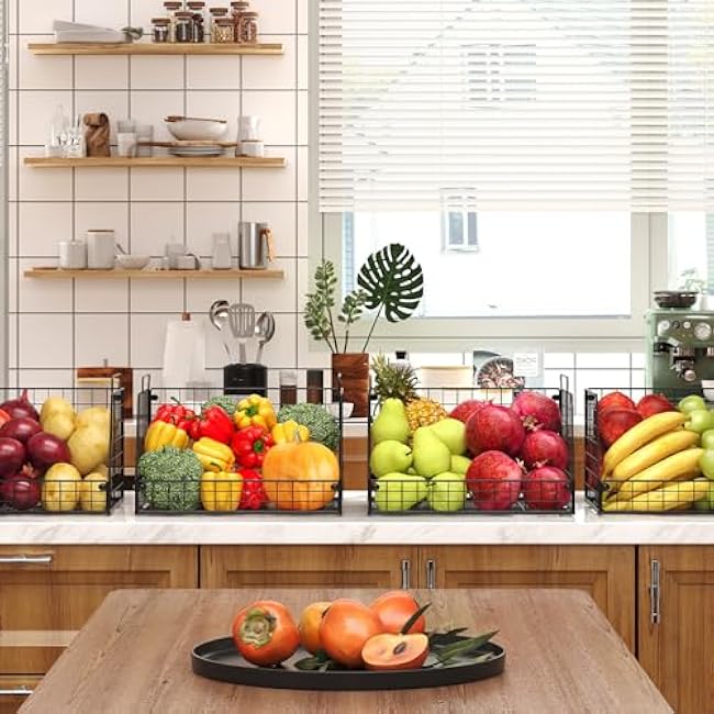 4 Pack XXL Stackable Wire Storage Basket, Extra Large Capacity Pantry Organizer and Storage, Muti-Purpose for Vegetable Fruit Basket & Can Organizer & Snack Rack & Metal Pantry Bin