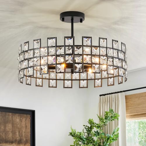 CATINER Black Crystal Semi Flush Mount Ceiling Light, 18'' Modern 6-Light Chandelier with G9 Base, Adjustable Crystal Ceiling Light Fixture for Dining Room, Bedroom, Entryway, Kitchen Island