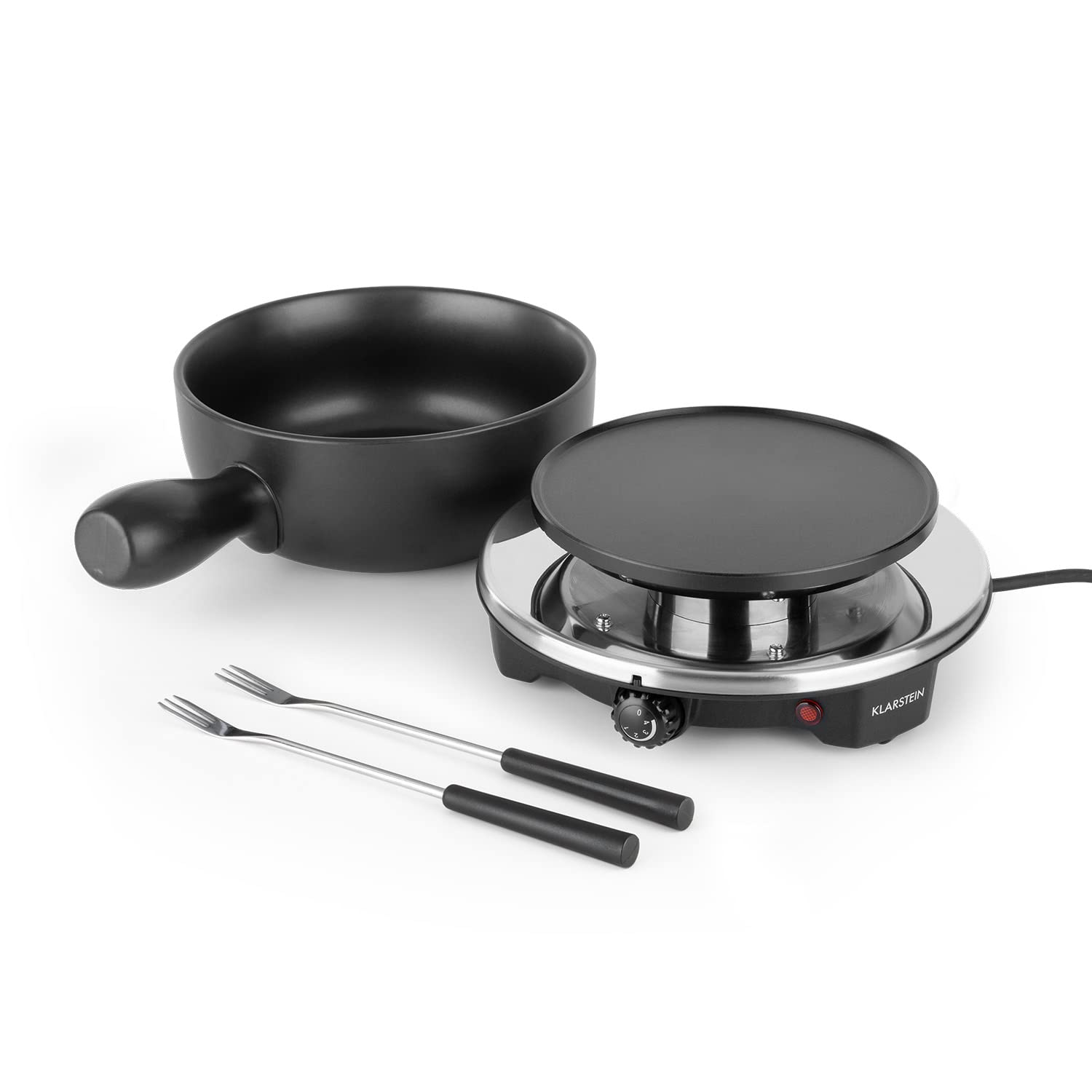 Klarstein Sirloin - Fondue au fromage, grill de table, pot en céramique émaillée, puissance 12 watts, plaque de cuisson en aluminium moulé, interrupteur thermostat, anti-dérapant, noire