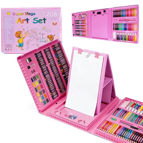 M.J COMFY-LIFE 208 PCS Painting and Colouring Set Art Supplies Set for Kids Adults Drawing Kit with Storage Box Case & Easel Portable Art Case with Handle Pink Gift for Girls & Boys