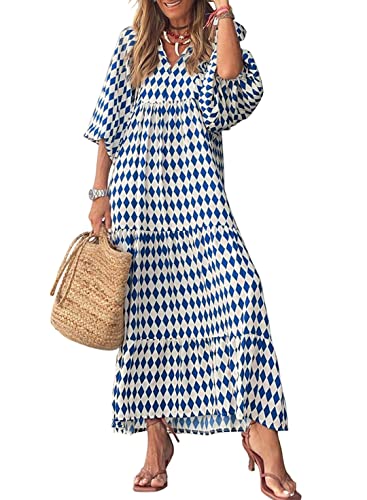Image of miduo Womens Loose Fit Casual Summer V Neck Half Sleeve Bohemian Geometric Pattern Maxi Long Dresses