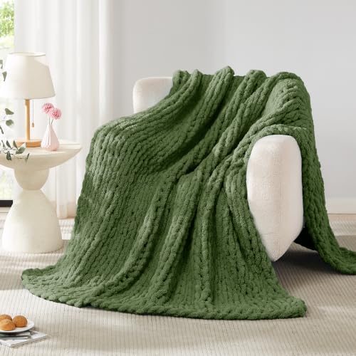 Image of L'AGRATY Chunky Knit Throw Blanket for Couch, 60 x 80 Inches, Moss Green