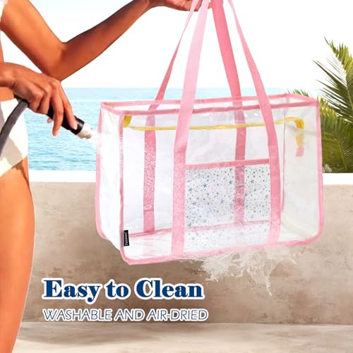 Image of Fammart Clear Beach Bag for Women, Large Pool Tote Cruise Vacation Essentials - Zipper Closure, Waterproof, Sandproof