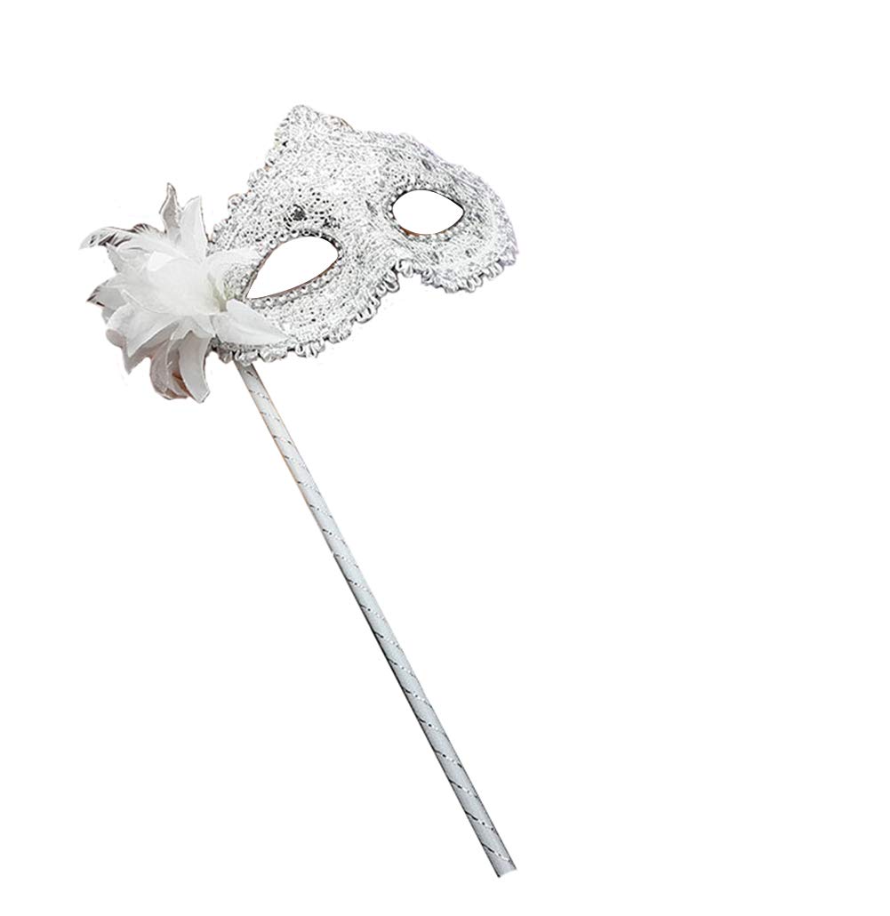 Women's Masquerade Masks Side Feather Flower Petal Hand Held Lace Mask with Stick