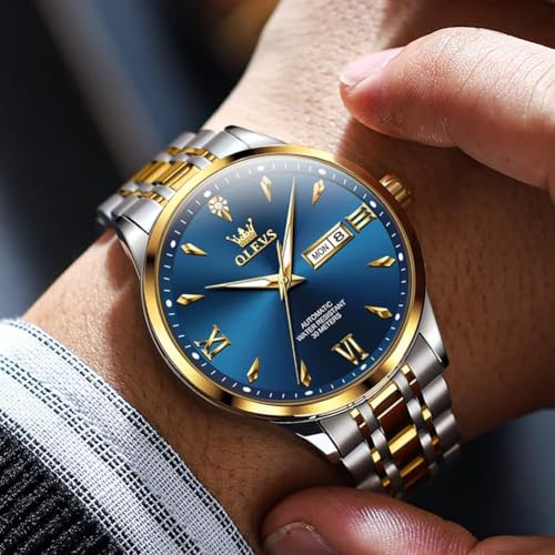 Image of OLEVS Automatic Watches for Men Self Winding Mechanical Wristwatch Luxury Business Dress Stainless Steel Luminous Waterproof Calendar Mens Watch