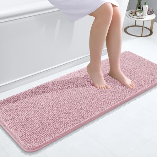 Image of OLANLY Bathroom Runner Rugs 47x17, Soft Absorbent Chenille Bath Rugs, Rubber Backing Quick Dry, Machine Washable Long Bath Mats for Bathroom Floor, Tub and Shower, Home Decor Accessories, Dusty Rose