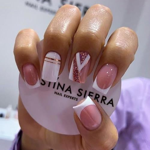 Uñas postizas a presión de punta francesa, uñas postizas cuadradas cortas, uñas postizas de punta blanca con diseños de lujo rosa brillante,
