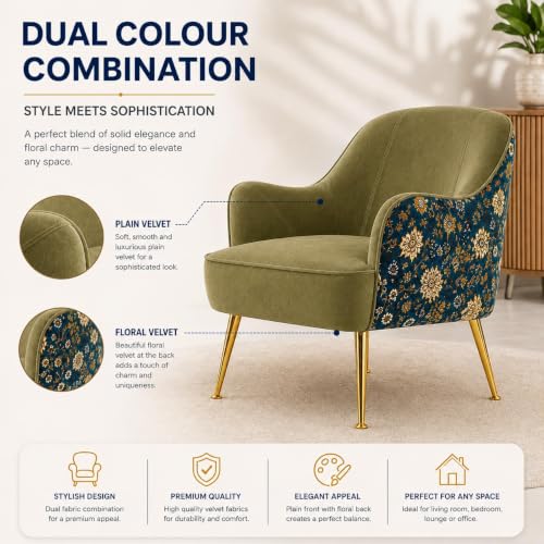 Image of Accent Chair with Pouf for Living Room | Modern Fabric Armchair with Golden Legs & Matching Footstool | Stylish Lounge Chair for Bedroom & Home (Olive Brown, Big Zara Floral with Puffy)