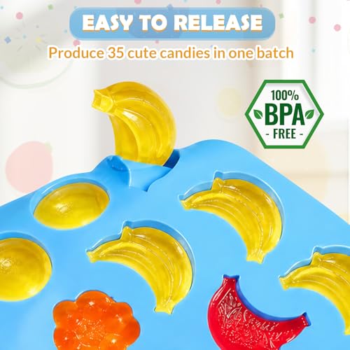 Image of LUSHYUM Gummy Fruit Molds 5ML, BPA Free Food Grade Silicone Molds, 4PCS Chocolate Candy Mold with 2 Droppers & Brush Include Strawberry Cherries Grape Banana Apple Pineapple Orange Shape 140 Cavities