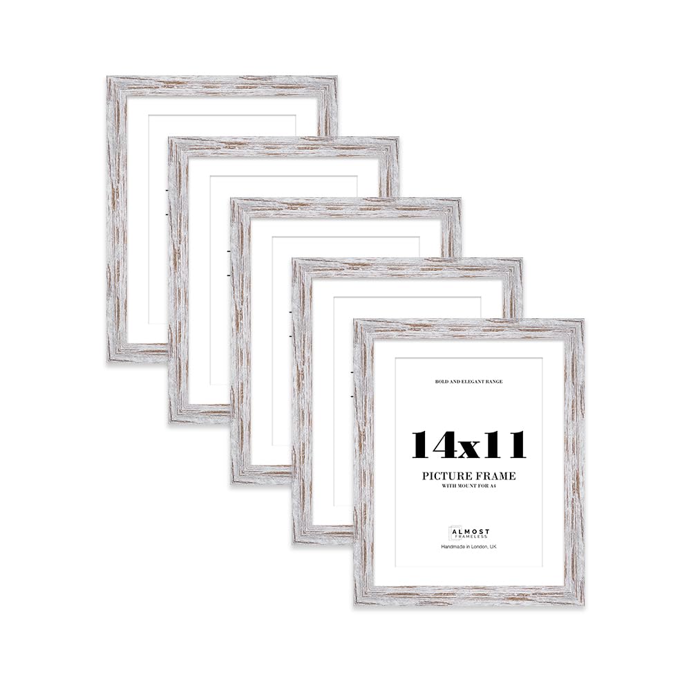 14x11 Distressed Wood Frame With Mount for A4 Pictures 28mm Edge Portrait and Landscape Display with Wall Hooks and Kickstand, 5 Pack