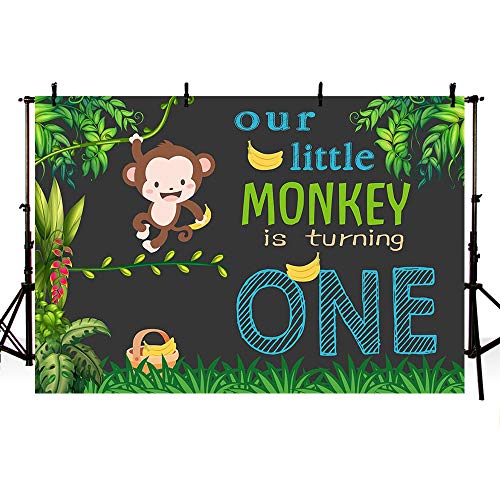 MEHOFOTO Monkey Birthday Party Photo Booth Backdrop Safari Green Leaves Bananas Jungle Wild One 1st Boy Birthday Photography Background Banner for Dessert Table Supplies 7x5ft