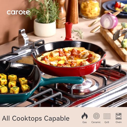 Image of CAROTE Enamel Cast Iron Skillet Frying Pan 10 Inch, 26cm -Red, Even Heat Distribution, Gas & Induction Compatible, Oven & Grill Safe, Non-Toxic & Durable Cookware, Ideal for Omelette, Shalow Frying