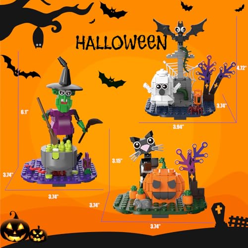 Image of Halloween Building Blocks Set - Pumpkin Ghosts Witch Cat Grave Kit, Party Favors Gift Ornament for Kids