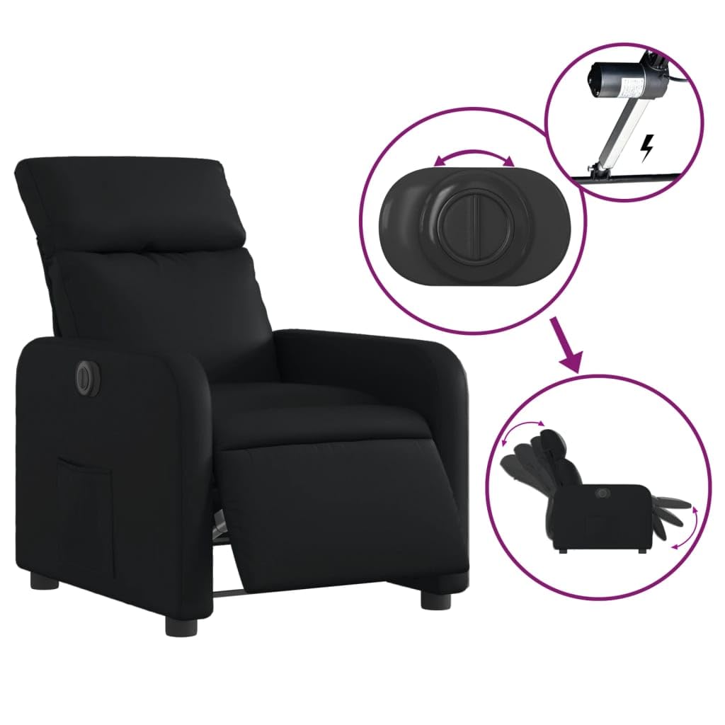 Sillón de relax eléctrico de piel sintética negra con función de televisión, inclinación de 135 grados y bolsillo lateral, marco de madera y metal, soporta hasta 110 kg