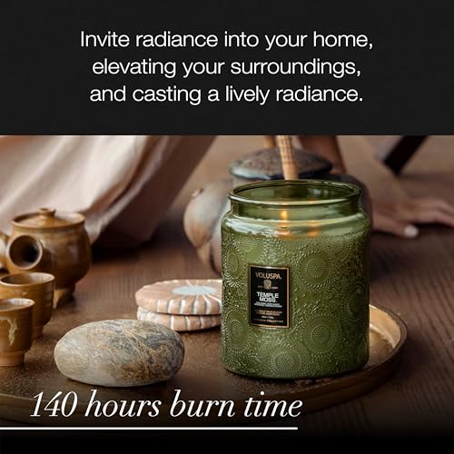 Image of Voluspa Temple Moss, Two Wick Luxe Candle Jar, 44 oz, Coconut Wax Blend, Scented Candles for Home, 140 Hour Burn Time, Handcrafted in the USA