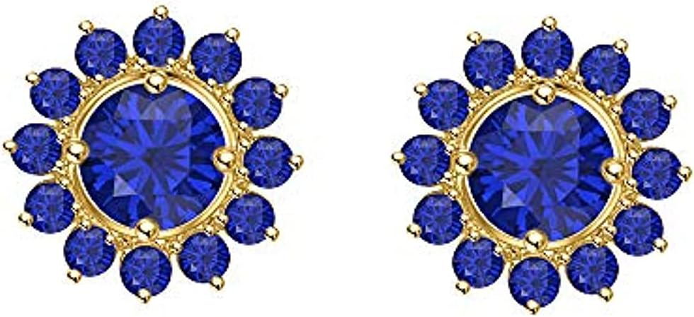 Round Cut Blue Sapphire 925 Sterling Silver 14K Gold Over Diamond Gemburst Halo Jacket Set Stud Earring for Women's