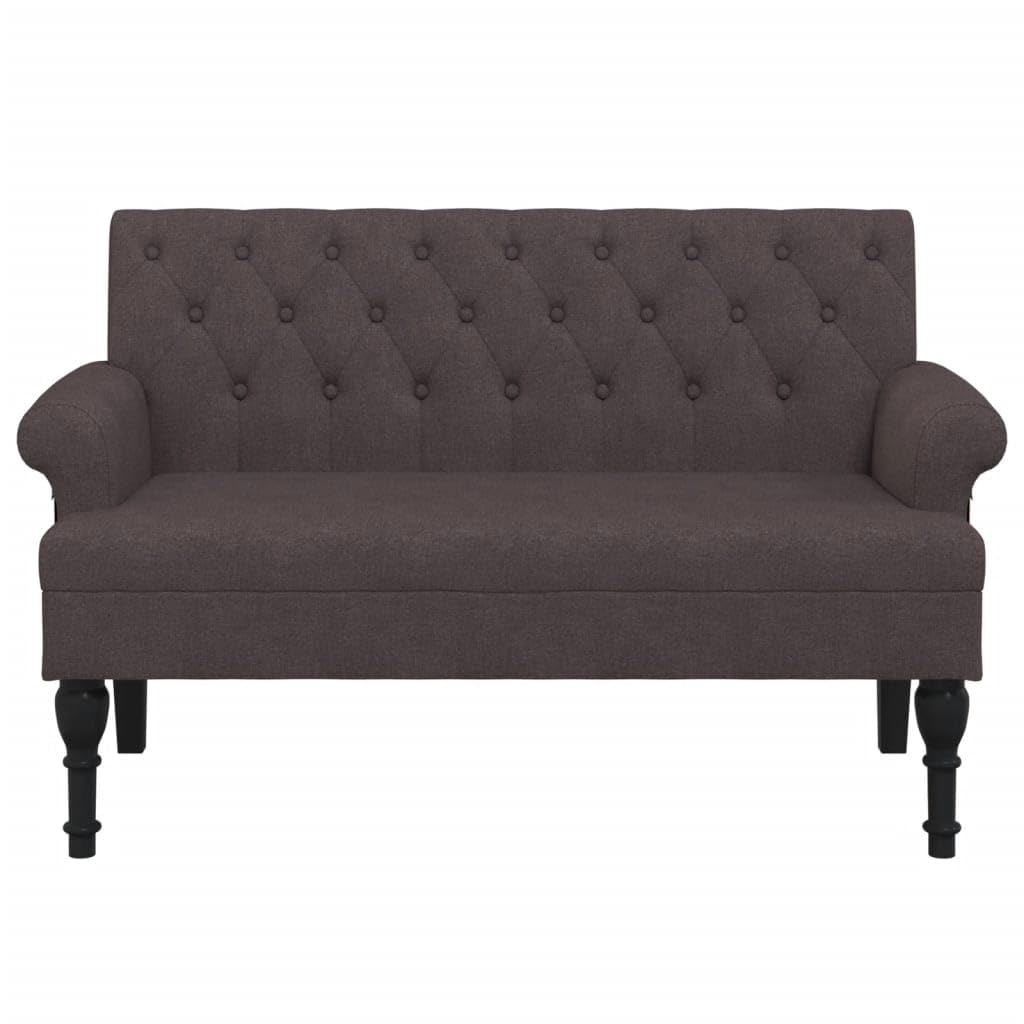 Ławka do siedzenia z oparciem, ciemnobrązowa tkanina 120 x 62 x 75,5 cm, ławka tapicerowana z podłokietnikami, stabilne drewniane nogi do salonu, jadalni, biura i korytarza
