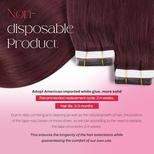 Image of Moresoo Burgundy Tape in Extensions Real Human Hair Seamless Hair Extensions Wine Red Human Hair Extensions Tape in Extensions Silky Straight Human Hair 14 Inch #99J 20pcs 40g