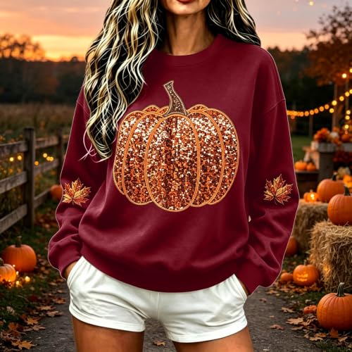 Pumpkin Sweatshirt Women Sequin Oversized Crewneck Halloween Sweatshirts - image 2