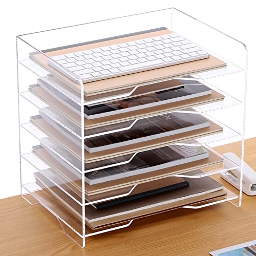 SANRUI Acrylic Paper Organizer Letter Tray for Desk, 5 Tier Enlarged File Sorter,Clear File Holder Desktop Shelf Document Storage for School Office Home