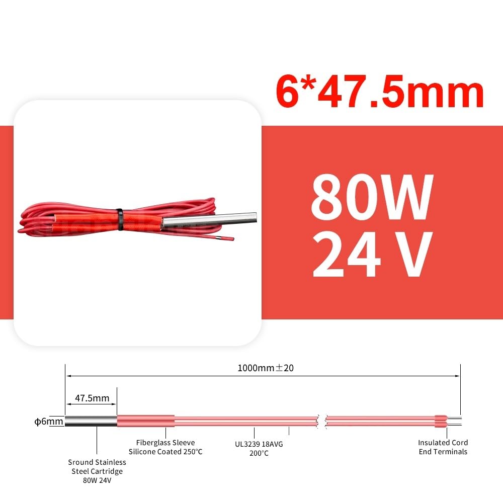 Drukarka 3D 6 * 20MM 12V/24V 40W wkład grzewczy z kablem 100CM do drukarki 3D do PT100 HOTEND Volcano MK8 MK9(80W 24V,3PCS)