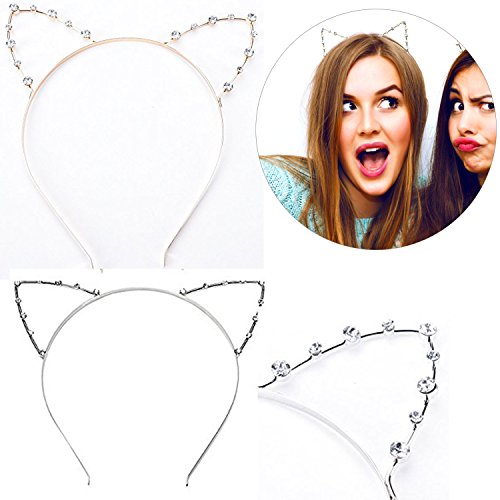 Buytra Women's Girls Rhinestone Crystal Cat Kitty Ears Headband for Party Masquerade Fancy Dress Costume, Gold, Silver, Pack of 2