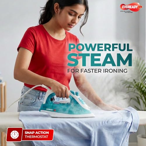 Image of Eveready Maxsteam 1300W Steam Iron with Weilburger PTFE Coated Soleplate, 19-Vent Even Steam Distribution, 200ml Large Water Tank, 1.75m Long Braided Cord & 2 Years Warranty (Blue-White)