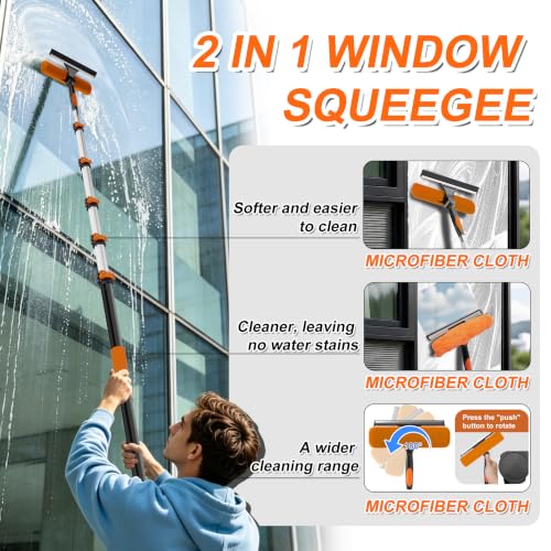 Image of Buyplus 30FT Reach Solar Panel Cleaning Brush Kit with 5-24FT Telescoping Pole, Water Fed Window Cleaner Tool with 20 inch Brush, Soap Dispenser, Cobweb Duster, Squeegee for Roof, RV, Gutter, Deck,Orange
