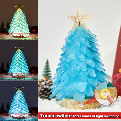 Blue Sea Glass Christmas Tree - Handcrafted Mini Christmas Tree with LED Lights, Table Centerpiece - Ideal for Christmas, New Year, Home Decor, Coastal Holiday Decor and More