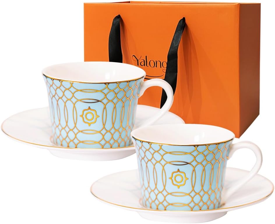 Ceramic Tea Cup and Saucer Set of 2, 7oz, Cappuccino, Latte Coffee Cup, Suitable for Afternoon Tea, Breakfast Tea and Dessert, Bone China, Light Blue Circular Gold Edge