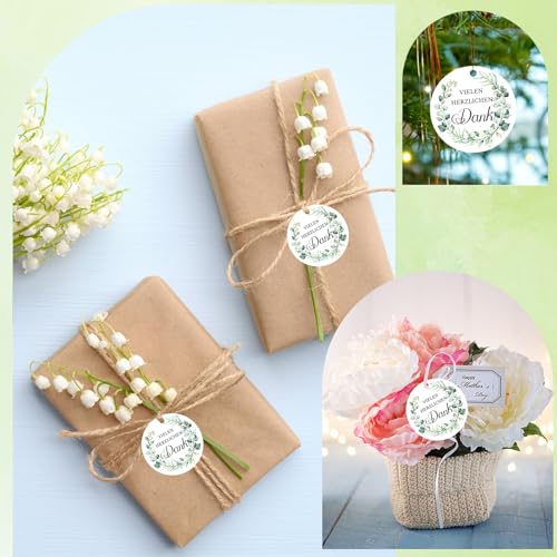 100 Stück VIELEN HERZLICHEN DANK Geschenkanhänger, 5.5cm Runde Danke Anhänger, Dankeschön Geschenke Anhänger mit 20m Schnur,Eukalyptus Etiketten Anhänger für Babypartys,Hochzeiten,Geschenkverpackungen