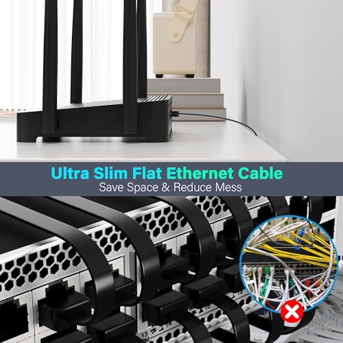 Adoreen Cat 6 Flat Ethernet Cable 1 Ft/10 Pack, High-Speed Internet Network Cable with Low Profile&Compact RJ45 Connector, Thin Slim Flexible Short Patch Cord, 10Gbps, POE for Cat6 Cat 5e 5, Black