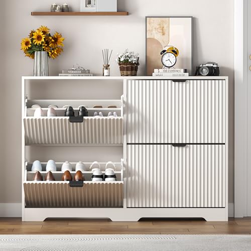 Image of Shoe Cabinet Storage for Entryway with 4 Flip Drawers, White Fluted Shoe Cabinet with Adjustable Shelves, Wooden Hidden Shoes Rack Freestanding Narrow Slim Shoes Storage for Hallway, Entrance