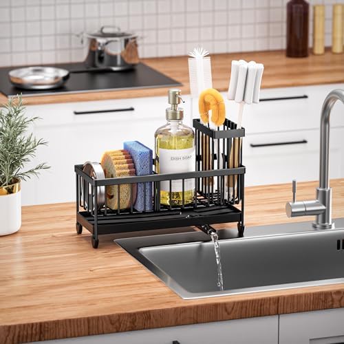 Cisily Sponge Holder for Kitchen Sink, Sink Caddy with High Brush Holder, Organzier Rustproof 304 Stainless Steel Dish Organizer Divider, Soap Dispenser Storage 6