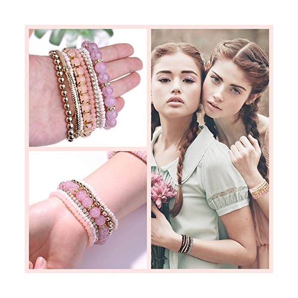 SAILIMUE 4 Sets Bohemian Stackable Bead Bracelets for Women Multicolor Stretch Beaded Bracelets Layered , Adjustable Bracelet Pink Black Turquoise Stretch Bracelets